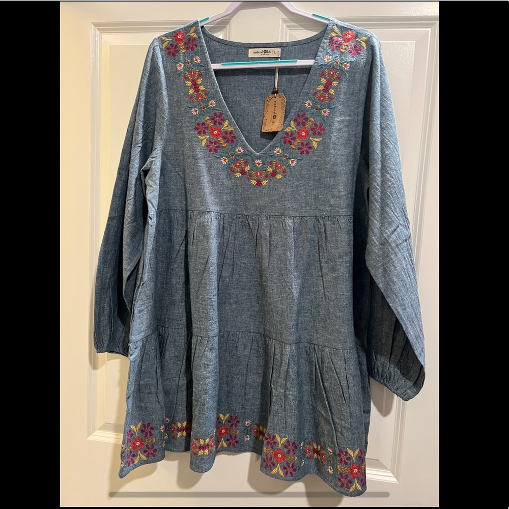 Natural Life Embroidered boho chambray dress Large new